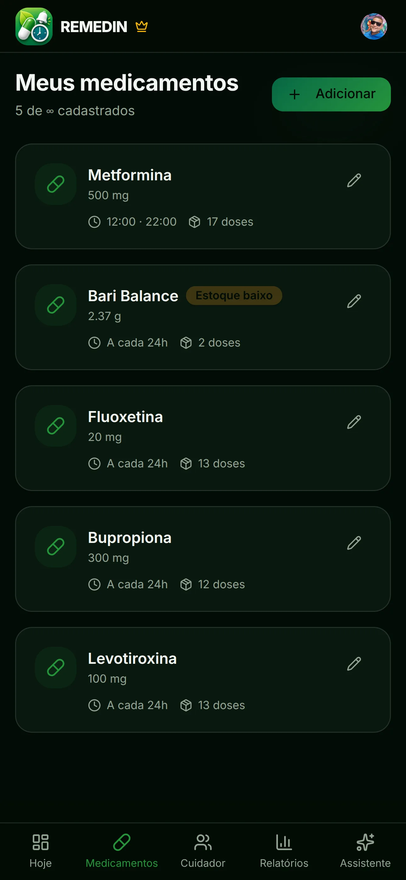 Tela de medicamentos do Remedin com lista e doses